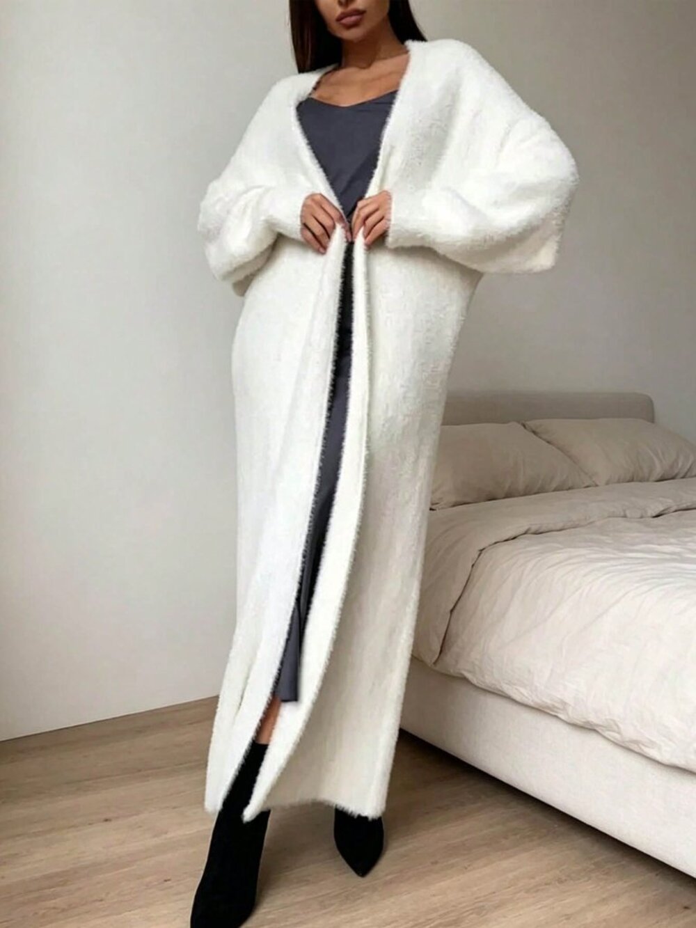 White Casual Women's Fuzzy Drop Shoulder V Neck Long Cardigan